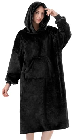 Sioloc Bärbar filthuvtröja för kvinnor/barn/män, överdimensionerad och mysig sherpa-fodrad huvtröja sweatshirt filt (svart, lång)