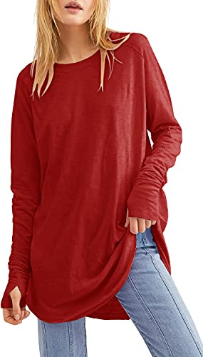 Ebifin Túnicas de manga larga para mujer, sudaderas largas con cuello redondo, ajustadas, con aberturas para el pulgar., rosso, XXL