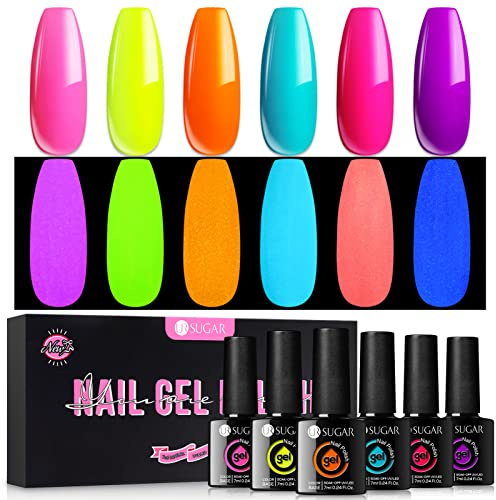 UR SUGAR Glow in The Dark Gel Nail Polish Set, 6 Colours Halloween Neon Luminous Gel Polish Hot Pink Orange Yellow Purple Fluorescent Bright Colour Gel Nail Varnish Set Soak Off Kit