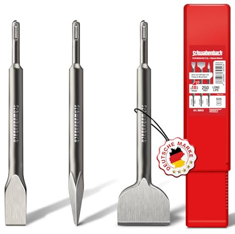 SCHWABENBACH ® Juego de cinceles SDS Plus, 3 piezas, 25 mm + 50 mm + cincel puntiagudo, extremadamente robusto, compatible con Bosch Hilti Metabo y martillo perforador, juego de cincel para azulejos