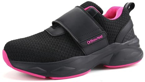 Ortho+rest Damen Diabetikerschuhe mit verstellbarem Verschluss Orthopädische Gehschuhe Ödem Schuhe für geschwollene Füße (41,Schwarz Rosa)