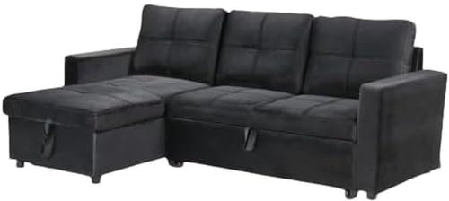 IBERA HOME Sofá Cama Chaise Longue PAU, 215x135cm - Diseño Moderno, Almacenamiento - Color Negro Terciopelo