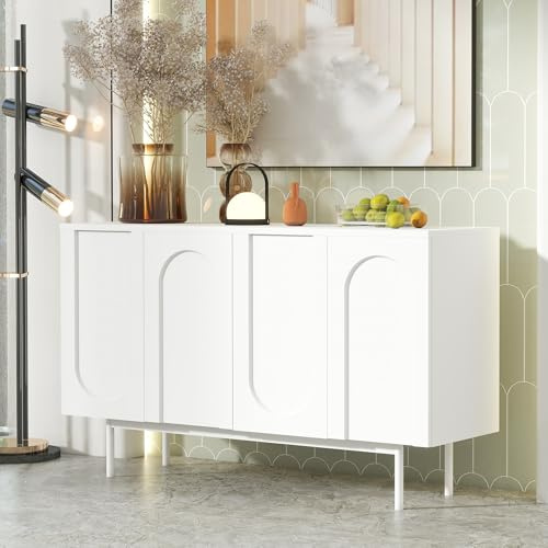 Merax Kommode mit 4 Türen, Sideboard 140cm, Weiß Modernes Buffetschrank Beistellschrank mit viel Stauraum, Verstellbare Ablage, Metallbeinen, Mehrzweckschrank für Wohnzimmer Schlafzimmer Flur Büro