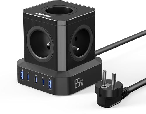 65W PD3.0 USB-C Mehrfachsteckdose, TOPREK 5 Wege Verlängerungskabel (16A/4000W) mit Mehrfachsteckdose und Kindersicherung, 2m, Verlängerungskabel für Zuhause, Wohnheim, Büro, Reisen