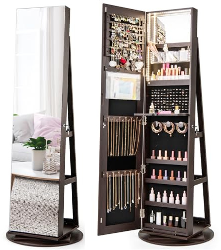 COSTWAY 360° Rotating Mirror Jewelry Armoire, Freestanding Jewelry Organizer w/ 3-Color LED Lights, Full-length Mirror with Jewelry Storage, Lockable Jewelry Cabinet for Bedroom, Cloakroom (Espresso)