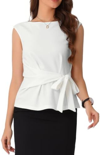 Allegra K Blusa con Lazo En La Parte Delantera para Mujer Cuello Barco Manga Corta Blusa De Trabajo