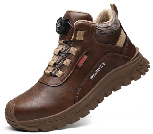 R-Win Waterproof Safety12KV Insulated Shoe for Men Women Slip On Button Tighten Non Metal Composite Plastic Toe Cap Trainers Non Slip Puncture Proof Work Boots Brown