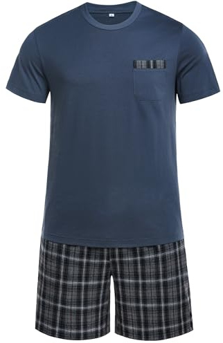 Winovia Pigiama corto da uomo, in cotone, a maniche corte, biancheria da notte con pantaloni a quadri e tasca sul petto, tuta estiva da uomo, regalo, S