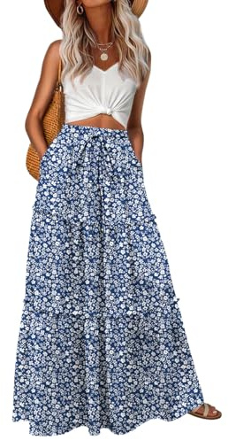 Lepunuo Floral Trendy Long Skirts Womens Casual Boho Elastic High Waisted Flowy Maxi Skirts with Pockets