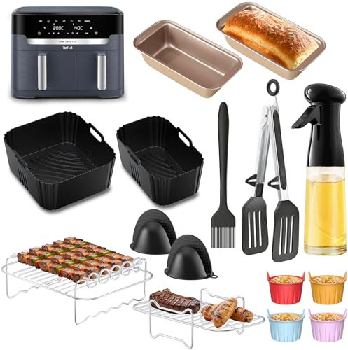 ENSINE Heißluftfritteusen-Zubehör für Tefal Dual Easy Fry XXL, 11 l, inklusive Silikoneinlagen für Luftfritteusen, Körbe mit zwei Schubladen, EY942BG0, Gestelle, Muffinförmchen, Kastenformen
