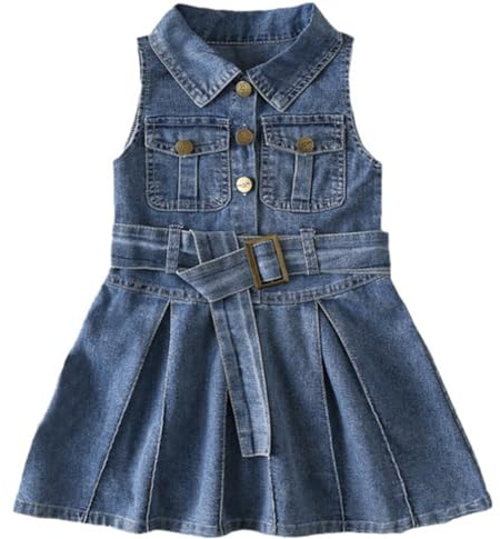 AOOPOO Girls Denim Overall Dress with Pockets, Girls College Retro Pleated Skirt Baby Girl Tank Top Jean Button Overalls Blue Denim Dungrees for Infants Toddlers Girl 1-9 Years