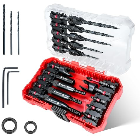 EZARC Countersink Drill Bit Set, 22PCS Counter Sink Drill Bit for Wood with Self Centering Drill Bits, Wood Plug Cutters,Screwdriver Bits, Magnetic Extension Bit Holder, 1/4 Hex Shank & Storage Box