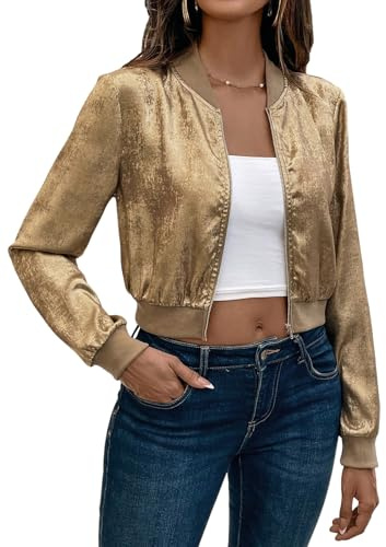 GORGLITTER Veste d'automne pour femme - Courte et décontractée - Col de baseball léger - Veste de mi-saison - Veste de loisirs, or, S