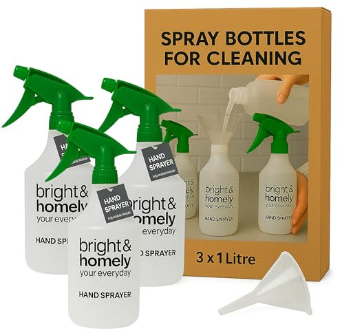 Spray Bottles for Cleaning 1000ml | Pack of 3 empty spray bottles with funnel - Hand Trigger Empty Spray Bottles for Gardening and Home Cleaning – Heavy duty Industrial Refillable Mist Spray Bottle