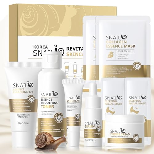 Snail Mucin Set Skincare Viso Completo, Kit Skincare Viso Completo, Set Skincare Coreana 9 Pezzi, con Snail Essence, Crema, Detergente Viso, Tonico, Crema Occhi, Maschera Viso, per Ragazze e Donn
