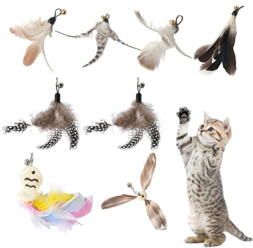 TIHNY Lot de 8 Jouets Plumes pour Chat avec Clochettes, Recharges de Plumes Interactives pour Baguettes et Cannes à Pêche, Jouets d'exercice pour Chatons et Chats