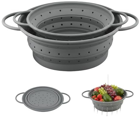 HMCEY 2 Pezzi Scolapasta Silicone Pieghevole 2 Misure,Scolapasta Pieghevole Con Manico,Colapasta Salvaspazio da Cucina per Lavello,Strainer,Utensili da Cucina per Pasta, Verdura, Frutta - Grigio
