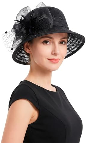 FakeFace Elegante Fascinator Damenhut Spitze Organza Derby-Hut mit Schleier Blume Feder Strass, Faltbar Cloche Kirchenhut für Hochzeit Trauer Teeparty Derby