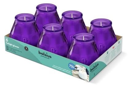 Bolsius - Velas para exteriores - 6 piezas - en vidrio - Morado - Tiempo de combustión 70 horas - Sin aceite de palma - Quema limpia - Mecha de algodón - Sin perfume
