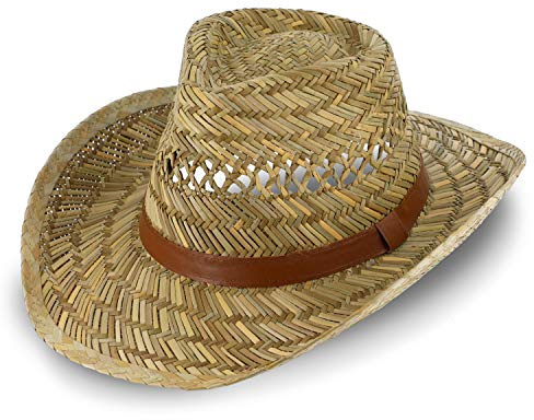 fiebig Australian Straw hat for Women & Men | airy Cowboy hat Made of Straw | Western hat with Faux Leather Band for Spring & Summer | Sun hat with Edging in Many Sizes (EU-56/M) Natural