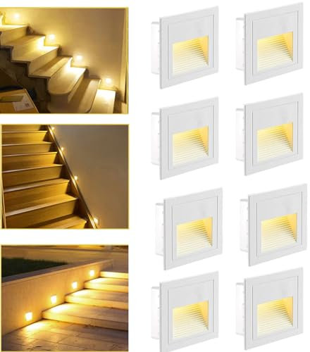 SUBOSI, lampada a LED per scale, in alluminio, 230 V, 3 W, con presa da incasso fissa, da parete, impermeabile IP65, colore bianco caldo