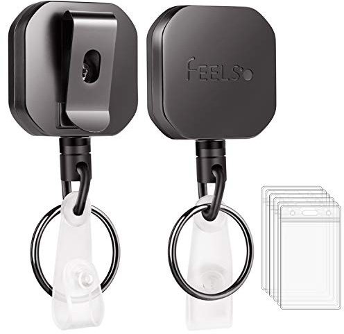 FEELSO Badge Holder Reel Retractable, Metal Heavy Duty Badge Holder with Belt Clip Key Ring and 6pcs Plastic ID Card Holders, Steel Wire Cord Up to 25 inch (2 Pack)