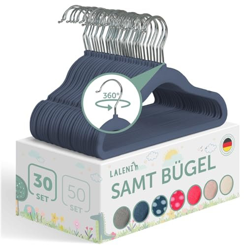 Laleni Kinderkleiderbügel 30 Stück + Samtbezug - platzsparende Kleiderbügel Kinder - 360° drehbare Kinder Kleiderbügel - rutschfeste Kleiderbügel Kinder samt - Baby Kleiderbügel/Babybügel Dunkeblau