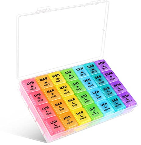 Opret Portapillole Settimanale ITALIANO 7 Giorni Pill Box Giornaliero 28 Scomparti Grande Stampa per Gli Anziani Viaggio Uso domestico