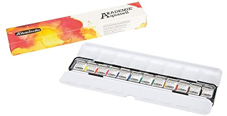 Schmincke – Akademie® AQUARELL Schmaler, kompakter Metallkasten mit 12 feinen Aquarellfarben, 75769097, Malset, Reisekasten, zum Malen unterwegs, 12 x 1/2 Näpfchen