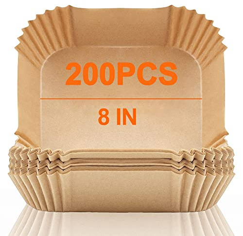 Disposable Air Fryer Paper Liners: 200PCS 8 Inch Square Liners for Air Fryer, Grease and Water Proof Non Stick Basket Parchment Paper