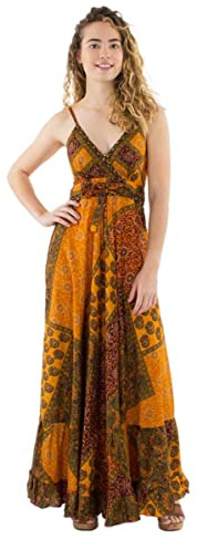Coline - Robe Longue imprimé Patch Ethnique - Couleur : Orange - Taille Unique
