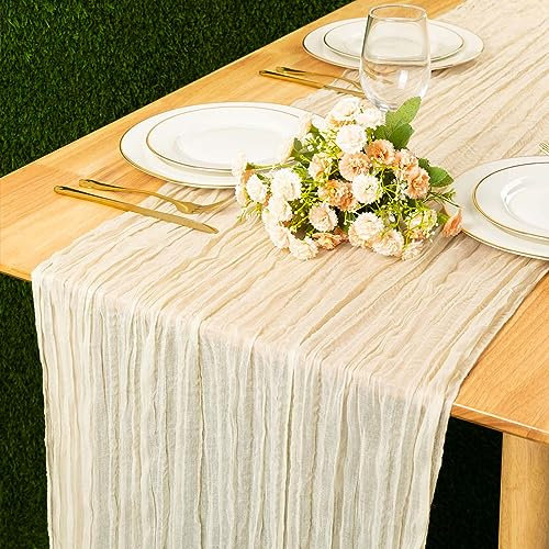 Kesfey 90x400cm Cheesecloth Table Runner Beige, 13FT Long Rustic Gauze Boho Table Runner for Wedding Bridal Banquet Decoration Party Festivals(35x157in)