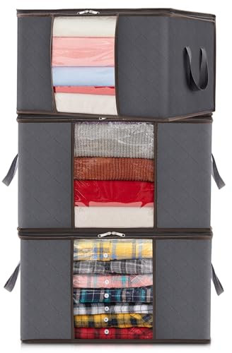 Lifewit 3 pezzi Scatole per Vestiti, Contenitori Organizer armadio per Piumoni, Scatola trasloco, Buste Pieghevole per Indumenti, Coperte, Biancheria da Letto, Grigio
