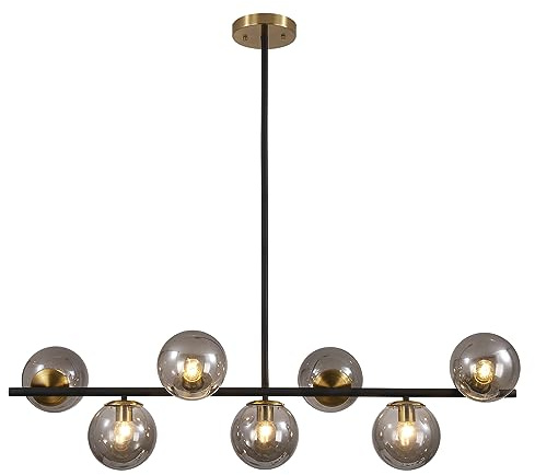 KCO Lighting Iluminación colgante lineal negra y dorada para cocina, lámpara de araña moderna de mediados de siglo, lámpara de araña de globo de cristal ahumado de 7 luces, lámpara de araña vintage
