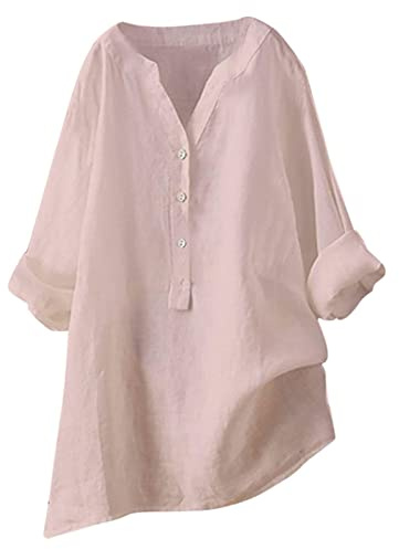 Chemisier Femme Chic et Élégant Coton Et Lin Chemise Col en V Bouton