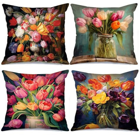 Tucocoo Set of 4 Decorative Pillow Covers with Tulip Vase - 18x18 Inch - Colorful Vintage Flower Pattern - Modern Decoration for Sofa, Bed, Car, Patio, Furniture, Benches, Couch
