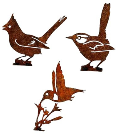 EIHI 3 Pièces Decoration Jardin Exterieur,Oiseaux Rouillé Décoration de Jardin pour Arbre, Patine Rouille Naturelle, Jardin Décoration Fleur Rétro, Mésange, Roitelet, Moineau Domestique