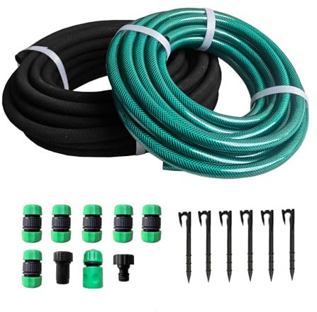 Customizable Soaker Hose System - 1/2 inch x 50ft Soaker Hose with 25ft Garden Hose, Irrigation Weeping Hose with Reinforced Fittings for Raised Garden Flower Bed, Vegetables and Shrub Plants.