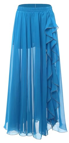 Aislor Femme Fente Jupe Danse du Ventre Longue Jupe Danse Moderne Orientale Mousseline Jupe Professionnelle Danse Classique Spectacles sur scène Bleu Ciel Taille Unique