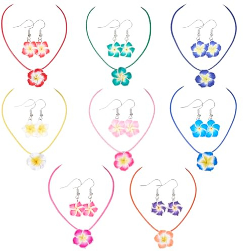 SUNNYCLUE Ensemble de Boucles D'Oreilles et Collier à Fleurs 16 couleurs Bijoux Plumeria Argile Polymère Été Soleil Hawaïen Boucles D'Oreilles Pendantes Colliers Bijoux pour Femmes Bohème Tendance Cad