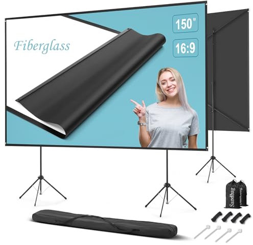 Outdoor Projector Screen and Stand, 150 inch 16:9, Portable Projector Screen, High Gain Fiberglass, Sturdy Backing, Wind-Resistant Projection Screen, Tripod/Wall Mount, for Garden Party, Home Cinema