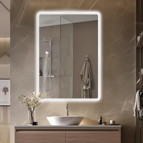 moderntop Specchio da bagno antinebbia da parete, 70 x 50 cm, illuminato a LED, con luci dimmerabili a 3 colori e interruttore touch, montaggio orizzontale/verticale