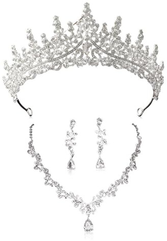 XFSRG Élégant Parure de Bijoux de Mariée 3 Pièces avec Couronne Scintillante Collier en V et Boucles d’Oreilles Goutte Bijoux de Luxe pour Mariage et Occasions Spéciales