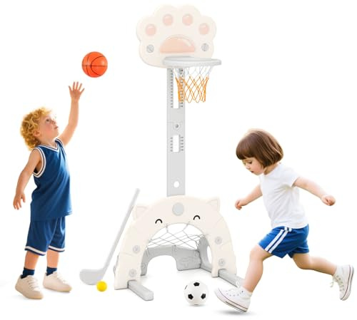GOPLUS 3-i-1 basketkorg för barn, höjdjusterbart basketstativ, basketspel med basketboll och fotboll och golfspel, inomhus och utomhus lekset för barn från 3 år (grå)