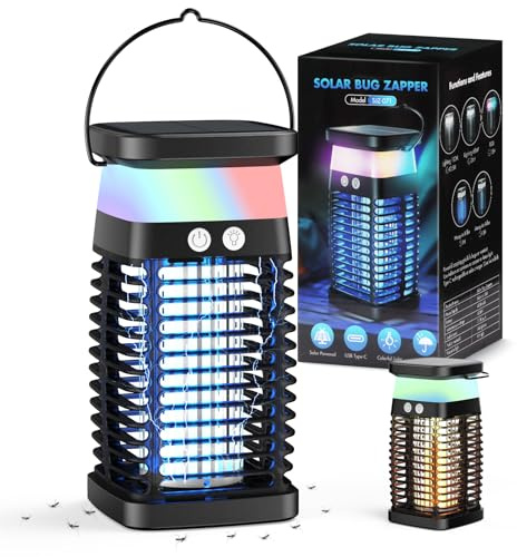 Qoosea Matamoscas Solar Eléctrico Lámpara Mata Mosquitos con Rejilla de 4200V Carga USB-C Batería de 4000mAh, IP65 Impermeable Trampa para Insectos para Hogar, Jardín, Interior y Exterior