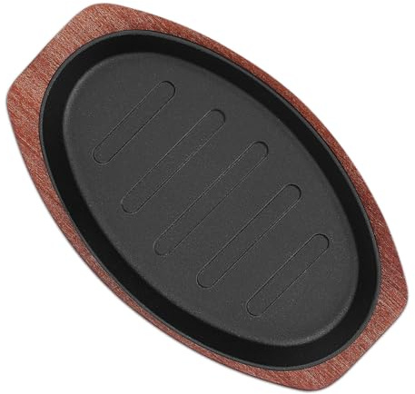 BATHVEVE Padella per Bistecca in Ferro Ghisa 25 Cm con Base in Legno, Piastra Antiaderente Spessa per Grigliare Uniforme, Piatto da Portata Compatto per Uso Domestico e Ristorante