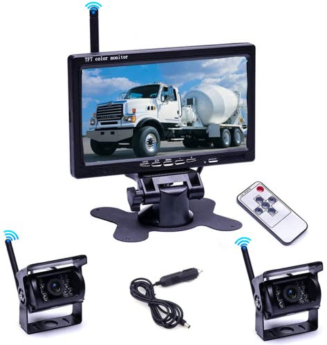 Drahtloses Rückfahrkamera Set mit 7-Zoll Monitor, 2 Rückfahrkamera IP68 wasserdichte IR-Nachtsicht Wireless Auto Kamera, für RV Truck Bus PKW LKW-Wohnmobile 12V-36V