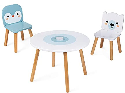 Janod - Table et 2 Chaises Banquise en Bois - Table Ronde Enfant avec Pot à Crayons Amovible - 1 Chaise Ours Blanc et 1 Chaise Pingouin - Idéal pour Enfants de 3 à 6 Ans, J09650