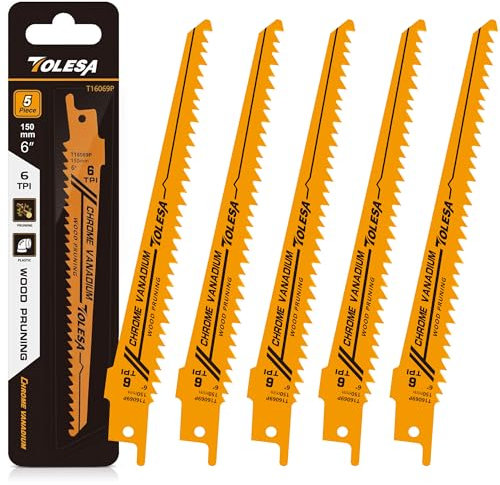 TOLESA Lames De Scie Sabre Pour l'Élagage Du Bois 150mm 6 TPI Pour La Coupe Du Bois De Construction Vert Et La Coupe Des Tuyaux En Pvc Dents Affûtées Crv Pour Une Coupe Rapide 5 Pack