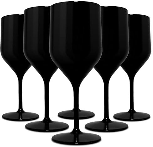 TUNDRA - Lot de 6 Verres a Pied CROISIERE 25 cl en PLASTIQUE RIGIDE SAN, Réutilisables, Verres à Vin Incassables, BPA-Free et Lavables au Lave Vaisselle, Verre à Champagne, à Vin, (Noir)